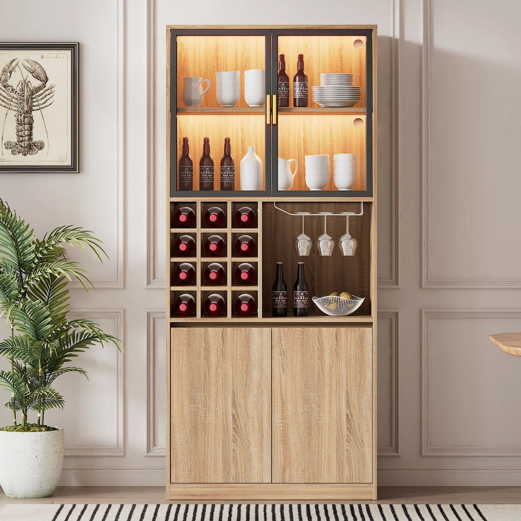 Vetrina con ante in vetro vani aperti e illuminazione a LED con portabicchieri removibile in MDF naturale