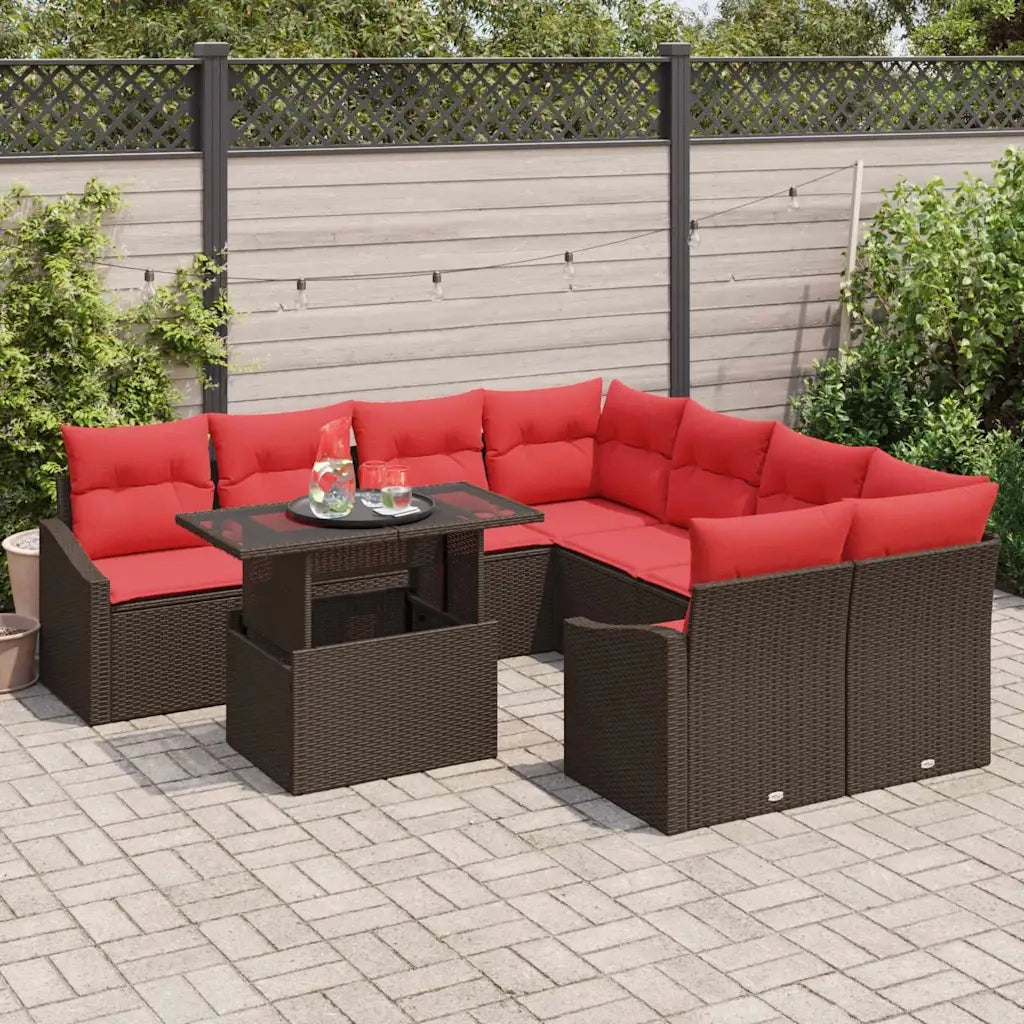 Set Divano da Giardino 9 pz Marrone e Rosso polyrattan 3348980