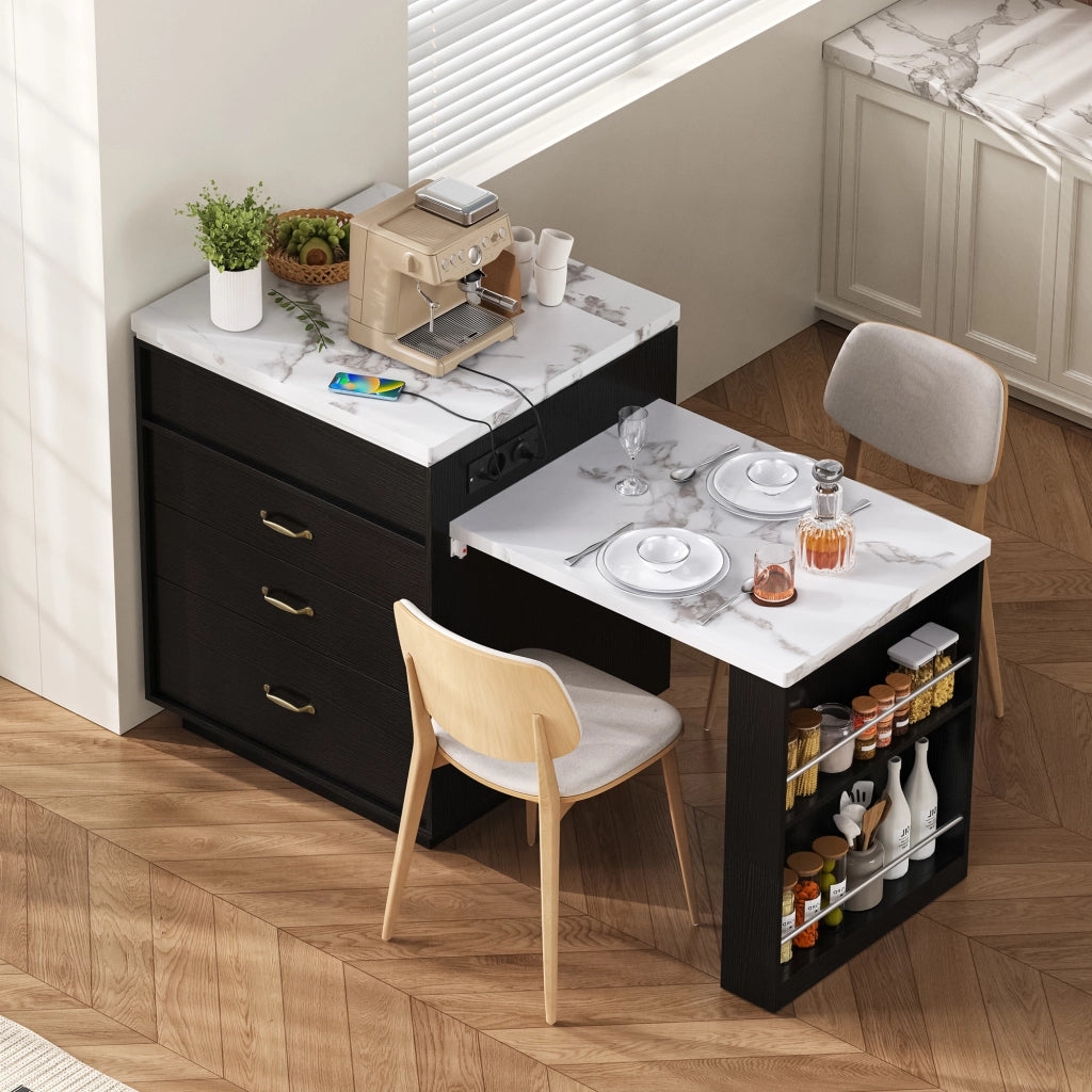 Tavolo allungabile da pranzo con LED; porte USB e Type-C; cassetti e ripiani aperti; nero in MDF
