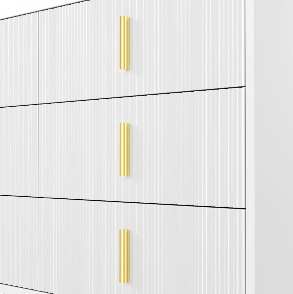 Sideboard bianco con piedini dorati, 120x77x40 cm con sei cassetti e design moderno
