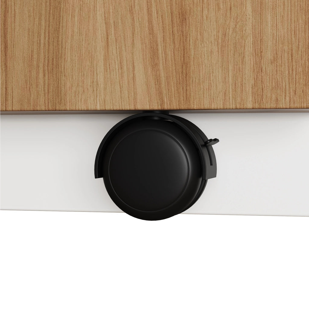 Scrivania pieghevole girevole con 2 ante; 3 cassetti e ruote bloccabili in bianco e rovere 120 × 50 × 78 cm