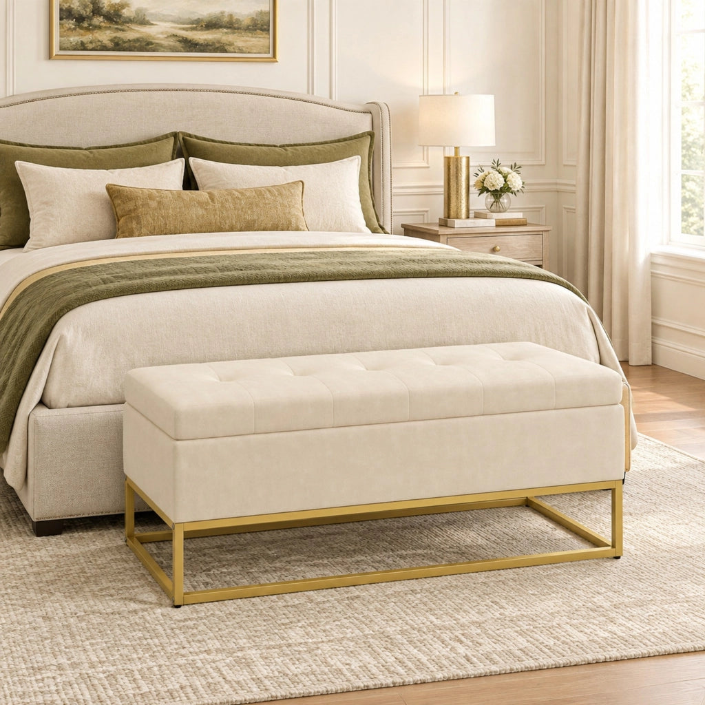 Panca contenitore imbottita con coperchio apribile, poliestere beige, 110 × 44 × 49 cm