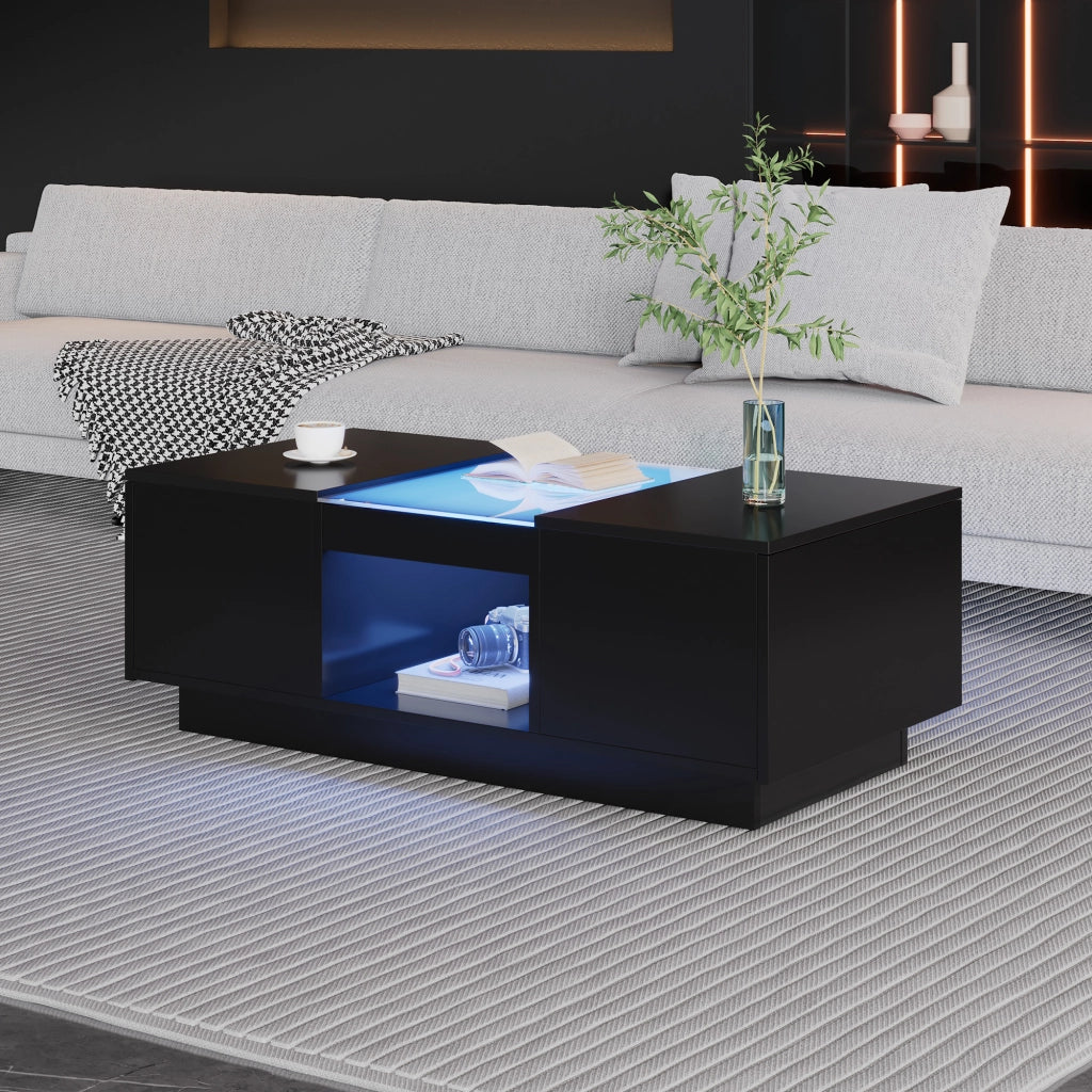 Tavolino basso fisso con LED controllabili tramite app 2 cassetti e vano aperto nero 100 × 50 × 35.5 cm