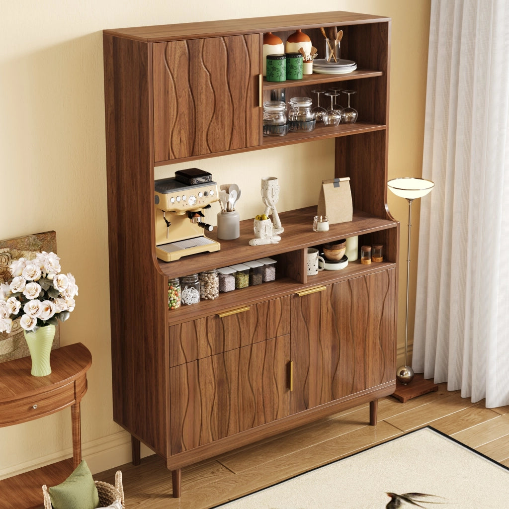 Sideboard alto con 1 cassetto, ante e ripiani aperti. Mobile contenitore in MDF e truciolato con piedi in legno massello