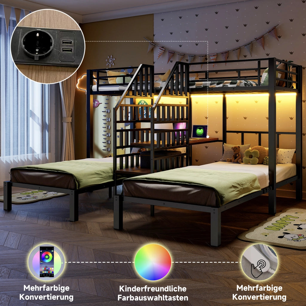 Letto a castello triplo 90 × 200 cm con scrivania, LED, prese USB e vani contenitore in metallo e MDF