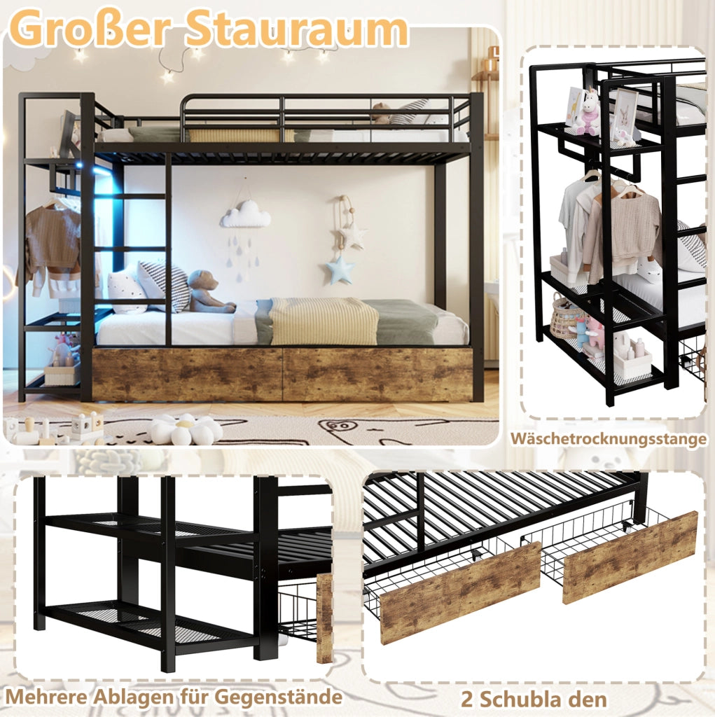 Letto a castello 90x200 cm con LED; 2 cassetti e ripiani in metallo e MDF nero