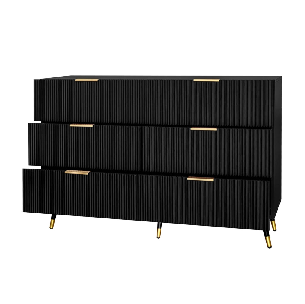 Credenza ULEVR 120x40x77 cm con 6 cassetti, gambe e maniglie dorate, finitura nera, per soggiorno