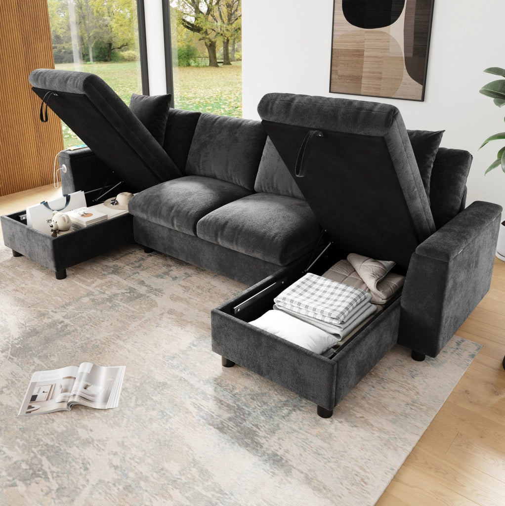 Divano a U 279x135 cm con vano contenitore, USB e USB-C in ciniglia grigia