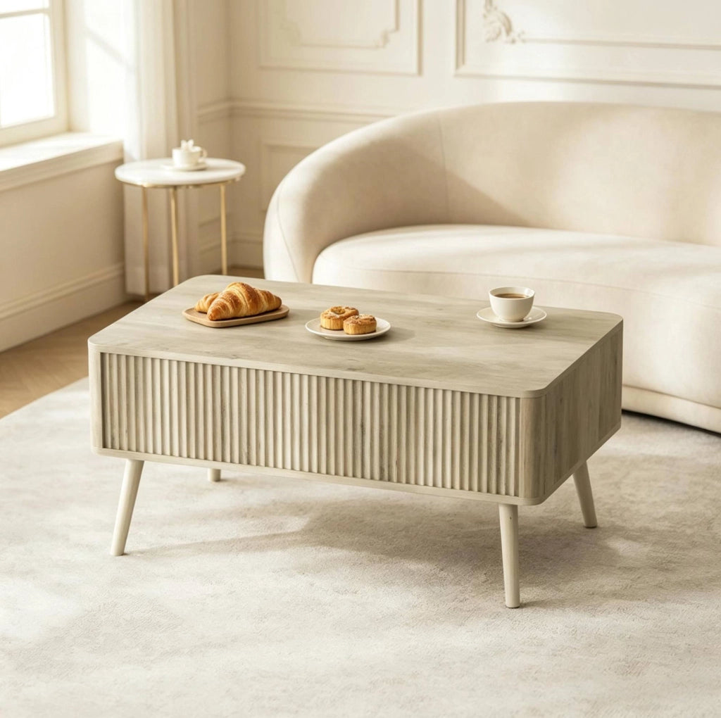 Tavolino da salotto con piano regolabile in altezza in MDF e legno di pino, colore rovere, 91x56 cm