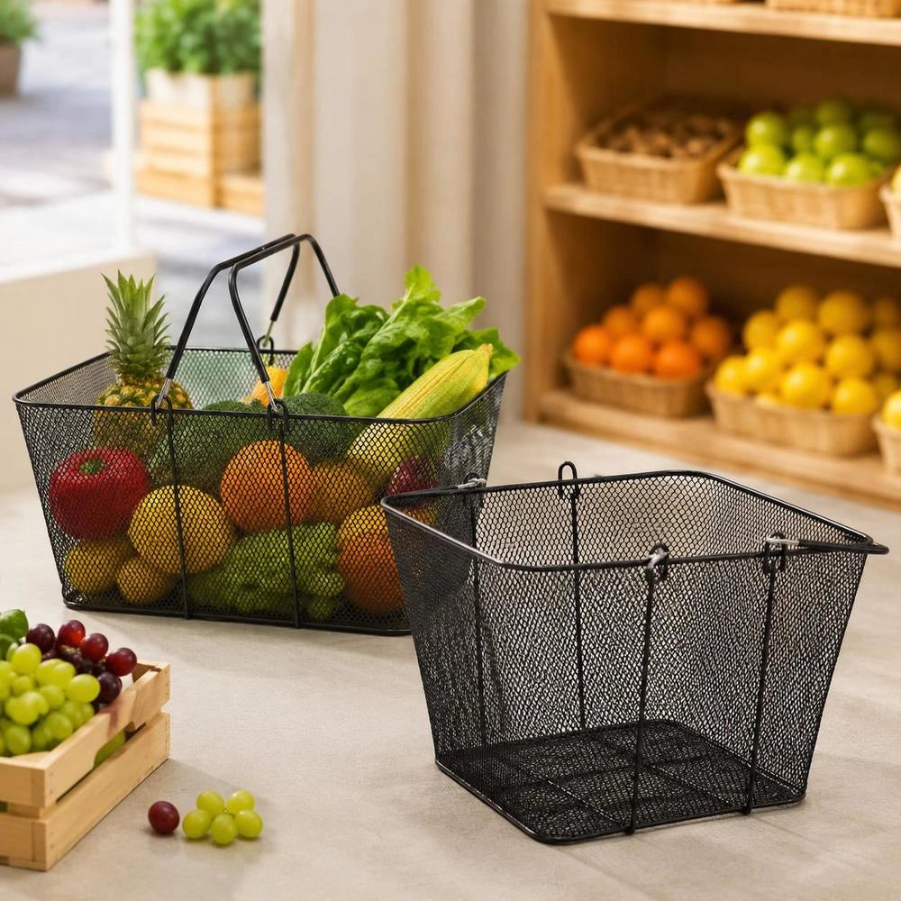 Shopping Baskets With Handles, 12 Pieces, Black Metal Shopping Basket, Portable Wire Shopping Basket, Black Wire Mesh Shopping Basket Set For Supermarkets, Retail Stores, Grocery Shopping, Black