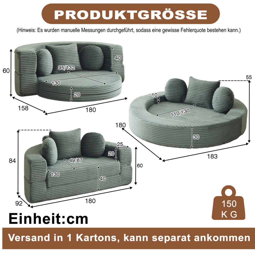Divano-letto 4-in-1 in schiuma con rivestimento in velluto a coste, versatile per spazi compatti, trasforma in divano semicircolare o lettino rotondo