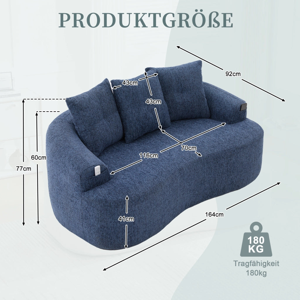 Divano lineare 2 posti - con cuscini spessi e seduta profonda - in chenille blu