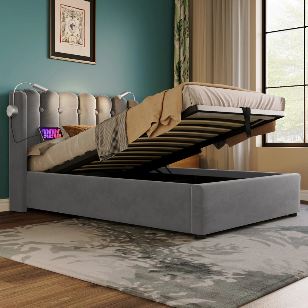 Letto singolo contenitore 90 × 200 cm in velluto grigio con luce da lettura usb testiera e rete a doghe