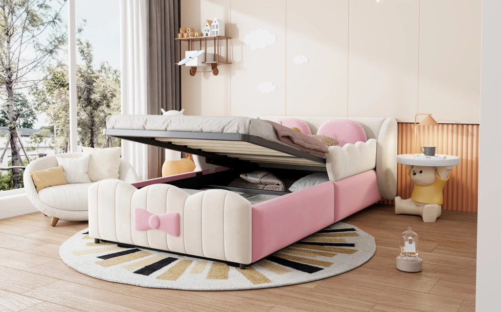 Letto singolo imbottito per bambini 90x200 cm in velluto con contenitore idraulico e due cuscini decorativi beige/rosa