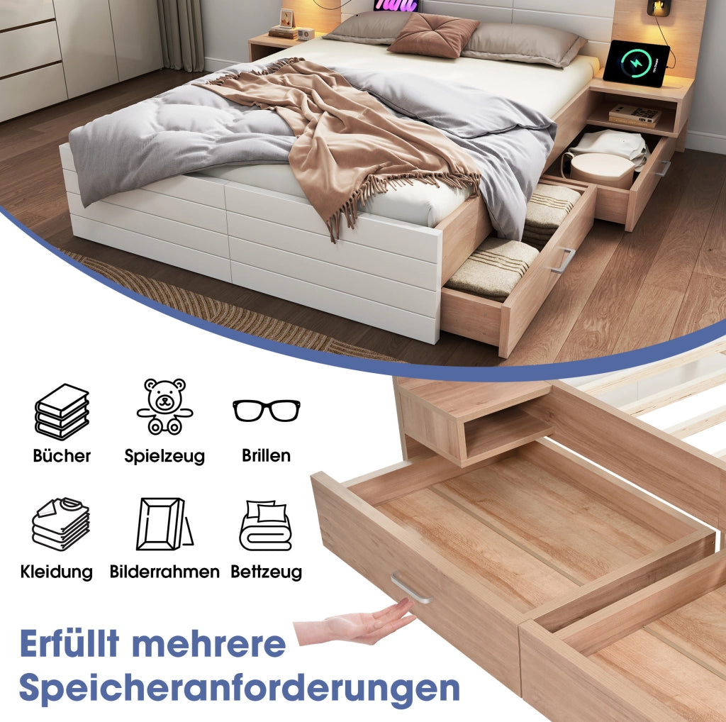 Letto matrimoniale 180x200 cm con comodini, cassetti, luce orientabile e USB
