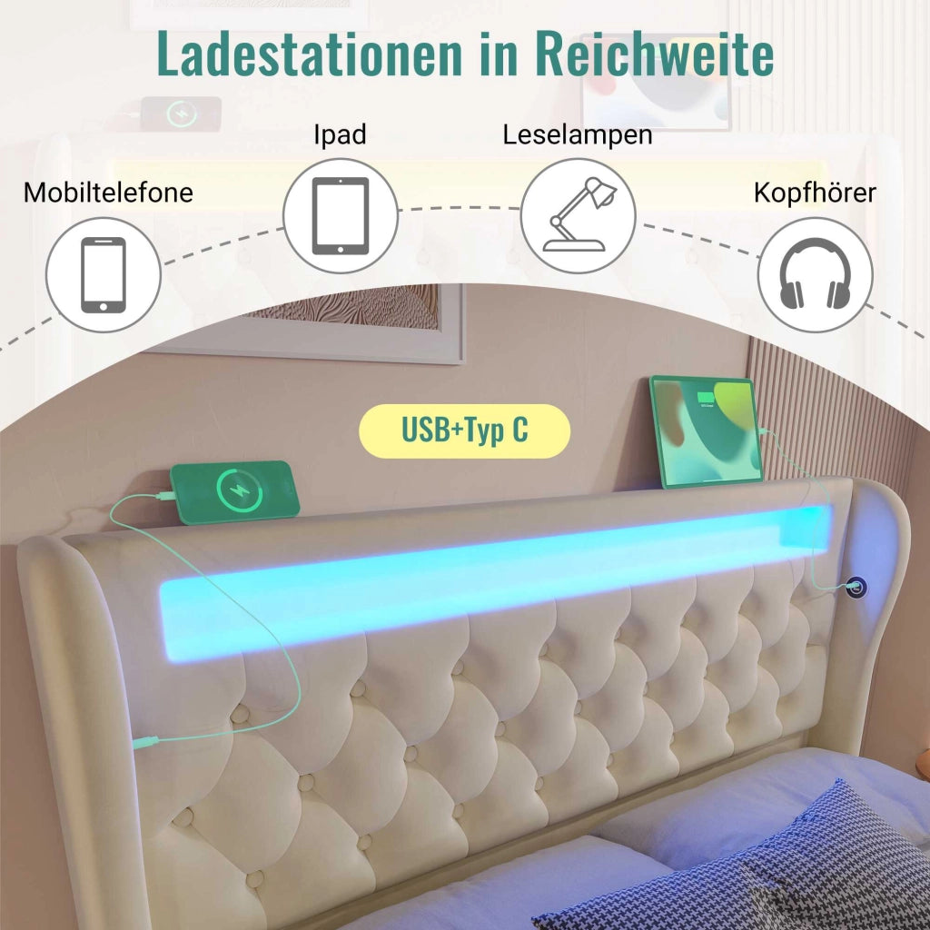 Letto contenitore beige 140x190 cm in velluto, LED su testiera e pediera, porte USB e USB-C, senza materasso