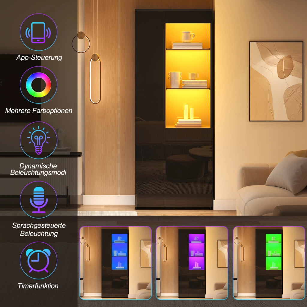 Vetrina nera compatta con LED, ante e cassetto