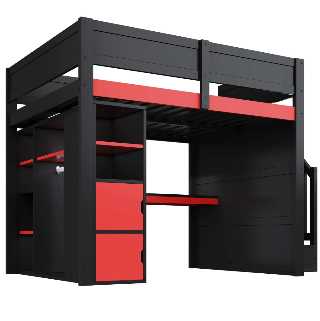 Letto a soppalco 140x200 cm con scrivania, LED e USB in MDF e compensato nero e rosso