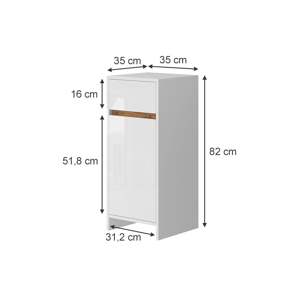 Vicco Mobiletto midi Bianco lucido/oro power oak 35 x 82 cm con anta e cassetto