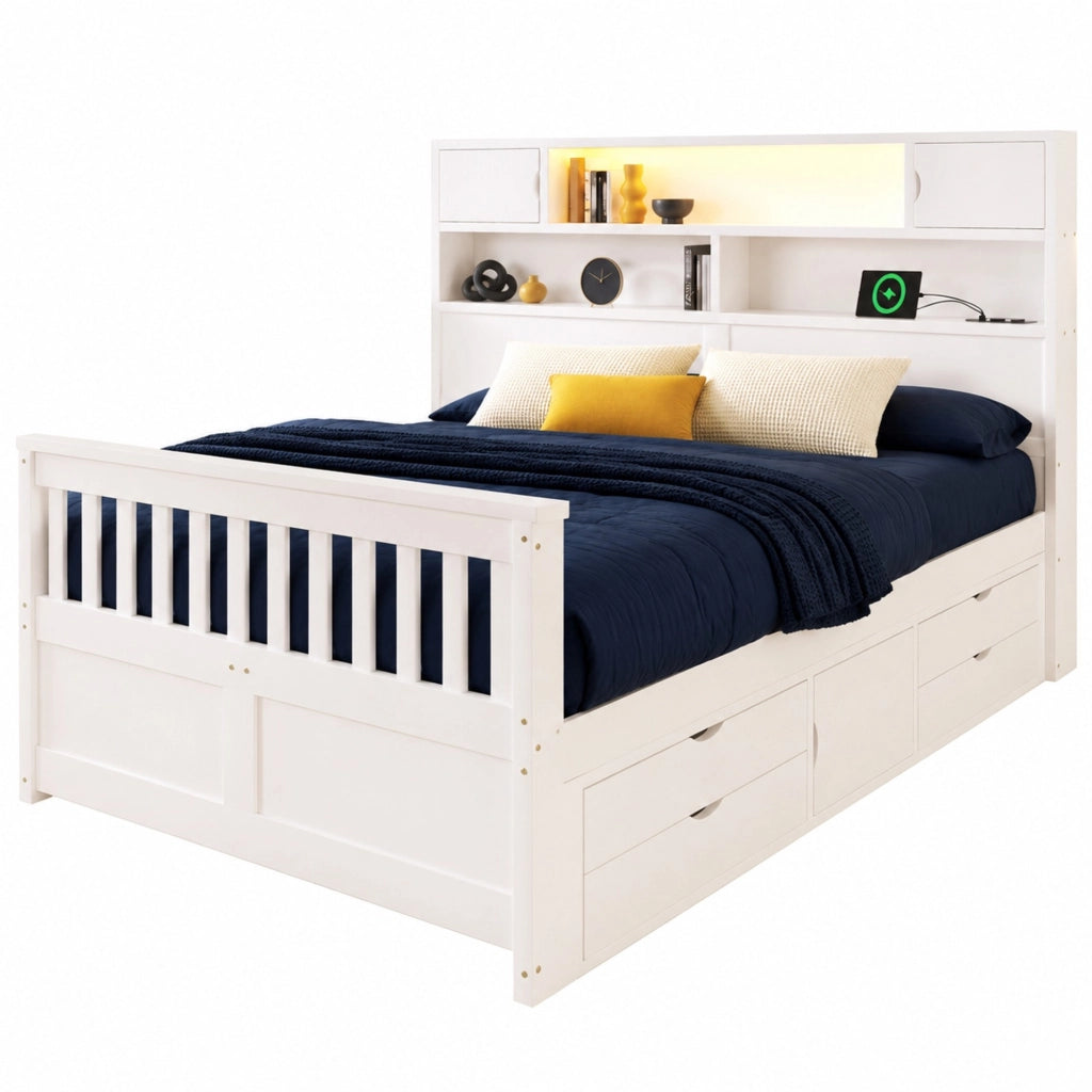 Letto con cassetti 160 × 200 cm con testiera libreria LED quattro cassetti in MDF e compensato bianco