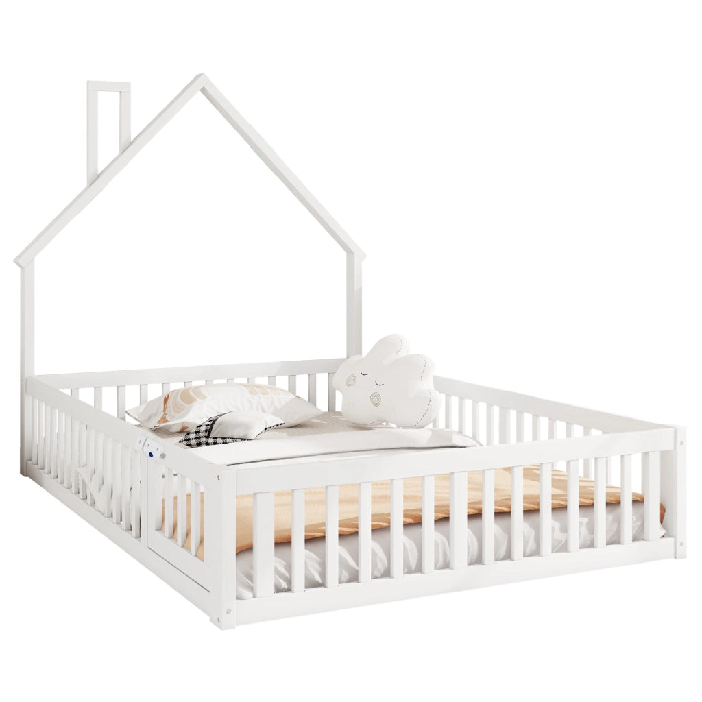 Letto per bambini 140x190 cm con camino, sponde di sicurezza e rete, bianco
