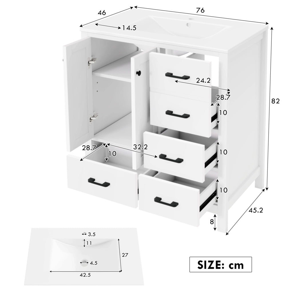Mobile bagno bianco 76x46x82 cm in MDF con lavabo integrato in ceramica e ampi spazi contenitivi