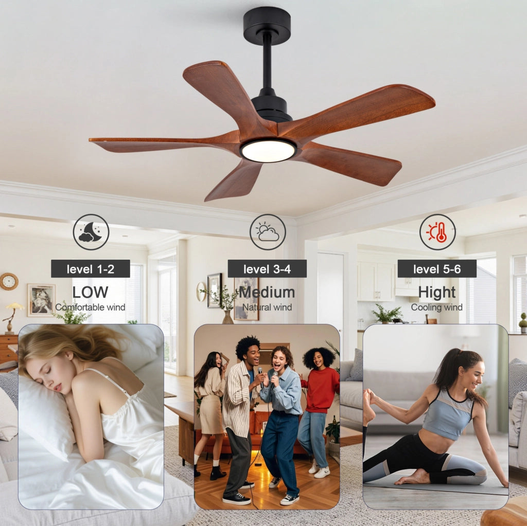 Ventilatore da soffitto 42" con 5 pale in legno di Paulownia, illuminazione LED dimmerabile e telecomando, 6 velocità, funzione inversione, per soggiorno e patio