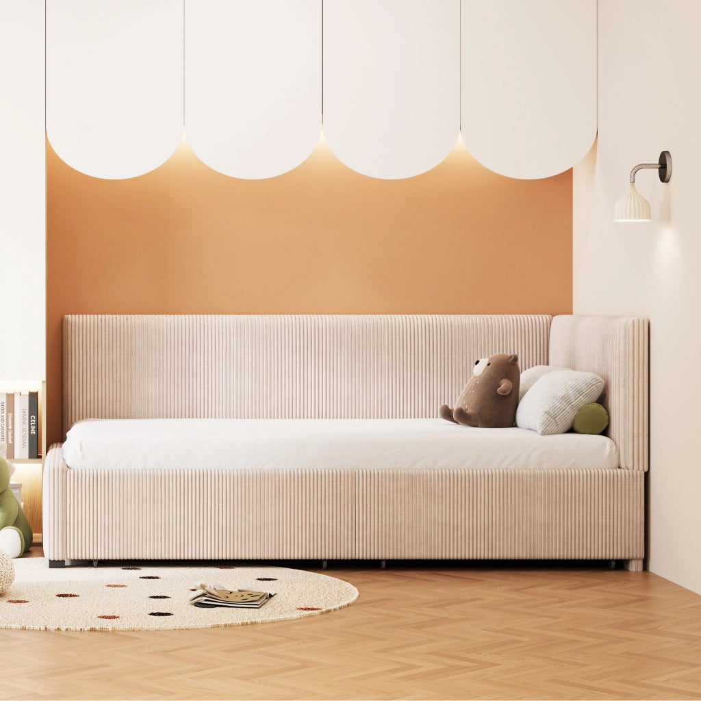Letto imbottito singolo 90×200 cm con 2 cassetti; testiera reversibile e rete; senza materasso; beige