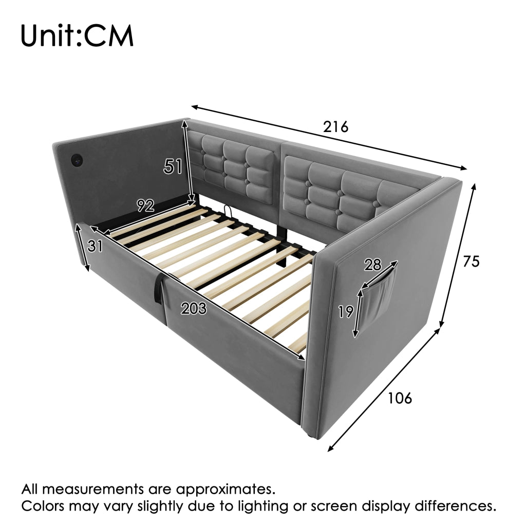 Divano letto imbottito 90x200 cm con contenitore idraulico; USB e Type-C; grigio in velluto