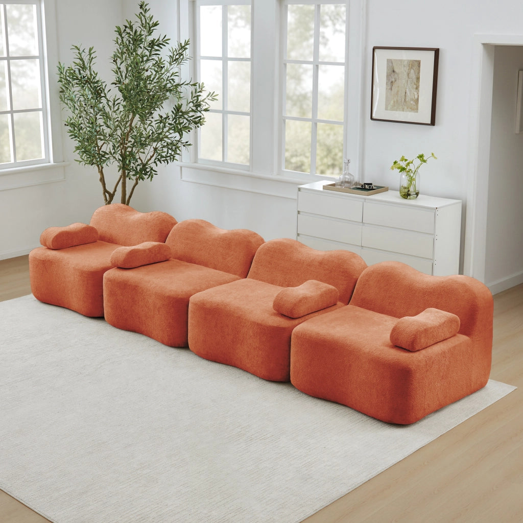 Divano angolare modulare in velluto arancione con pouf collegabile e seduta profonda 384 × 98 × 70 cm