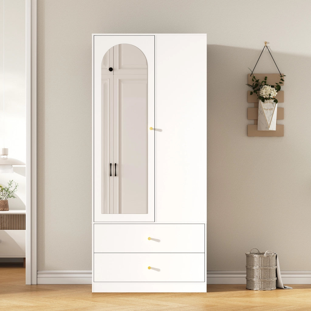 Armadio con specchio; 2 cassetti e 4 ripiani aperti; 80 x 40 x 180 cm; MDF bianco