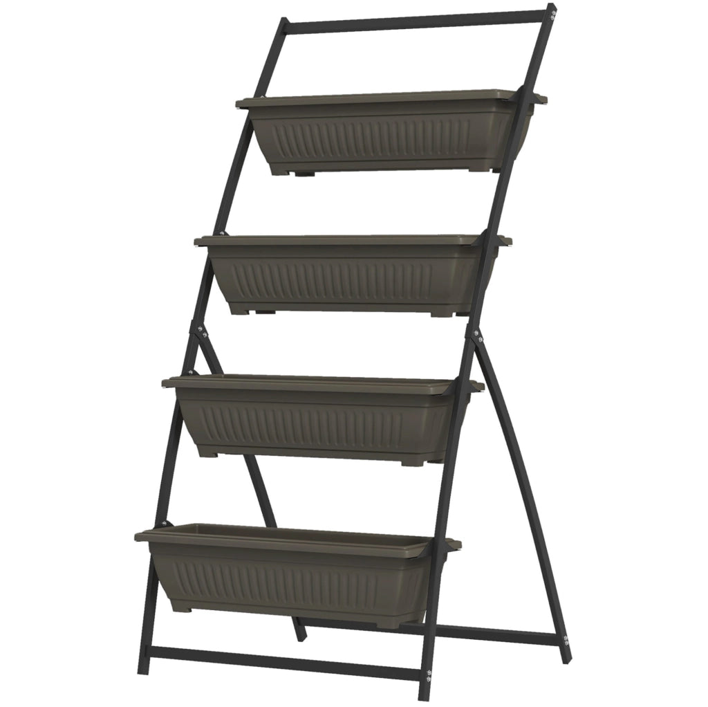 Supporto per piante a 4 livelli in acciaio con vasi in plastica, marrone, 76x79x162 cm