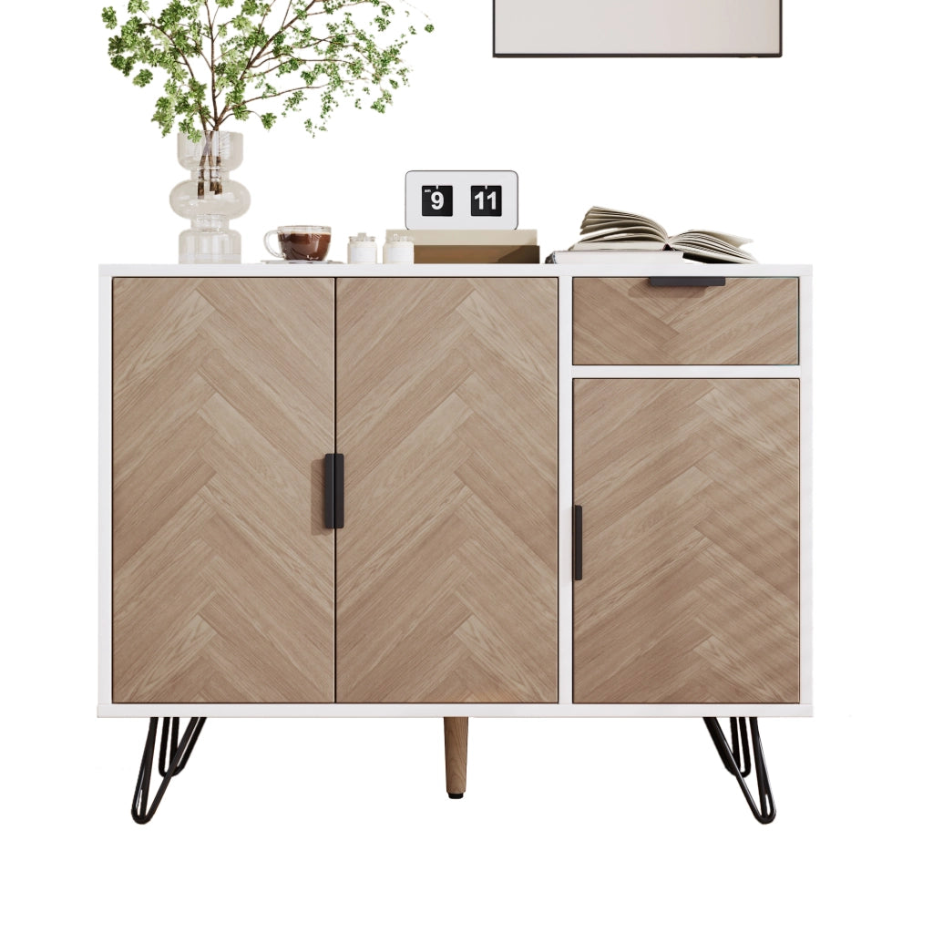 Mobile contenitore moderno bianco e effetto legno, 1 cassetto, ripiani regolabili in altezza (90 x 30 x 71,5 cm)