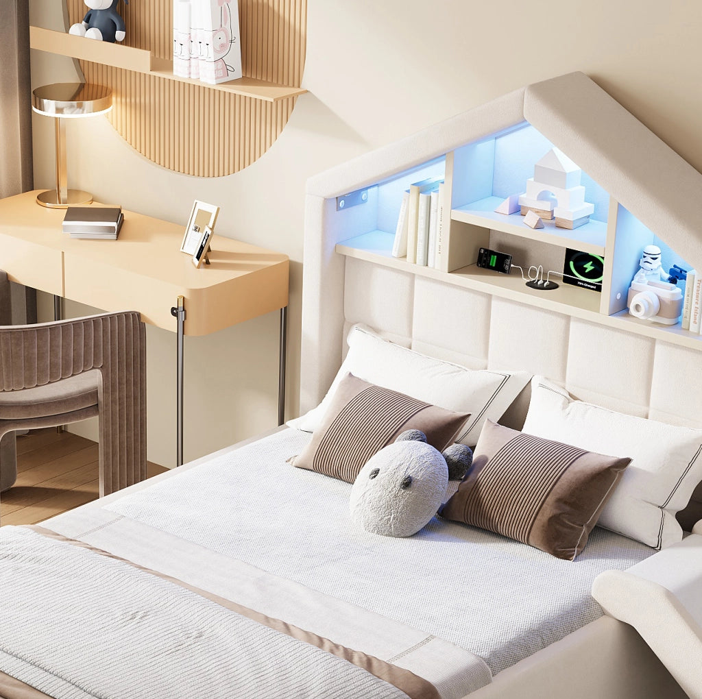 LETTO Bambini Imbottito 90x200 cm Beige con Scivolo, LED e Porta di Ricarica