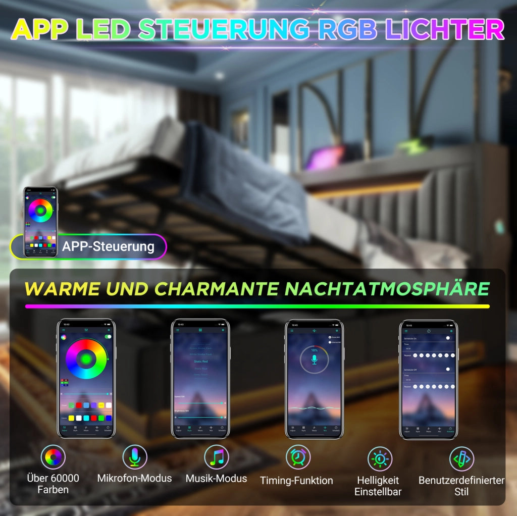Letto matrimoniale 140x200 cm con materasso; LED; USB e Type-C; vano contenitore idraulico; grigio in lino