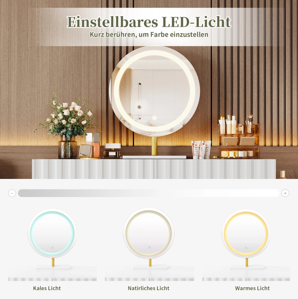 Toeletta bianca con specchio LED, 5 cassetti e mobile laterale