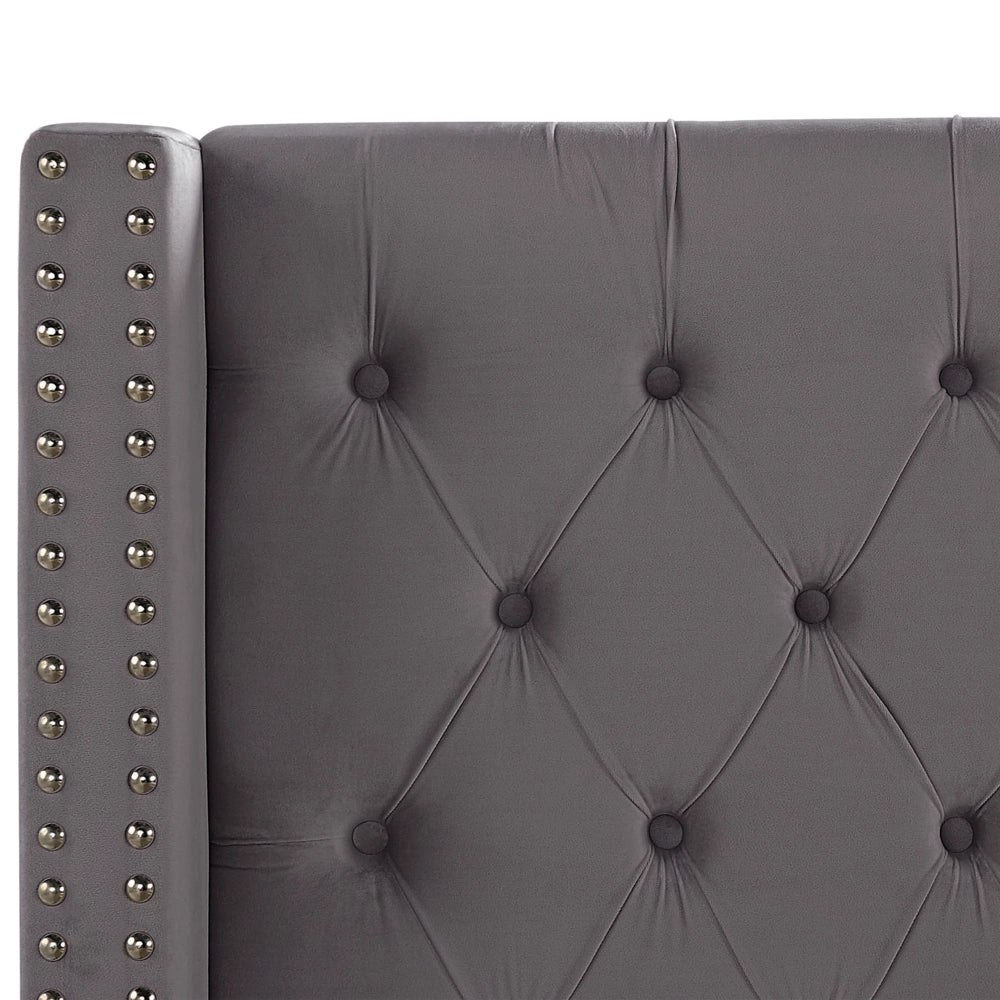 Letto a doghe velluto grigio imbottito trapuntato poggiatesta copritesta piedi 160 x 200 king size design glam