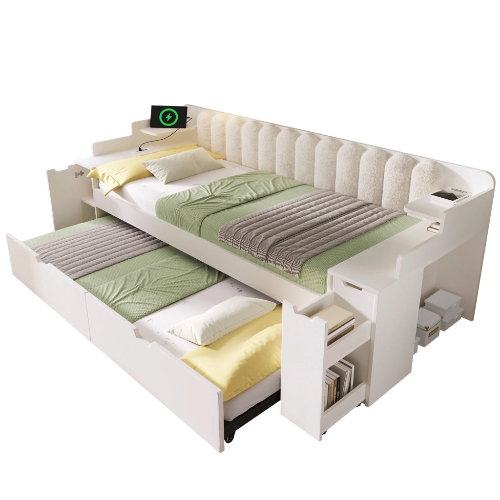 Letto estraibile 90x200 cm; divano letto con secondo letto; rete a doghe metalliche; stazione di ricarica; contenitore; sherpa; bianco
