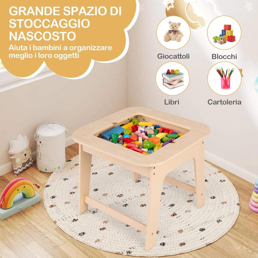 Set Tavolo e 2 Sedie per Bambini, con Lavagna Reversibile, Tavolo Multiattività con Vano Portaoggetti Nascosto e Sedie, per Bambini da 3-6 Anni, per Cameretta e Soggiorno (Giallo)
