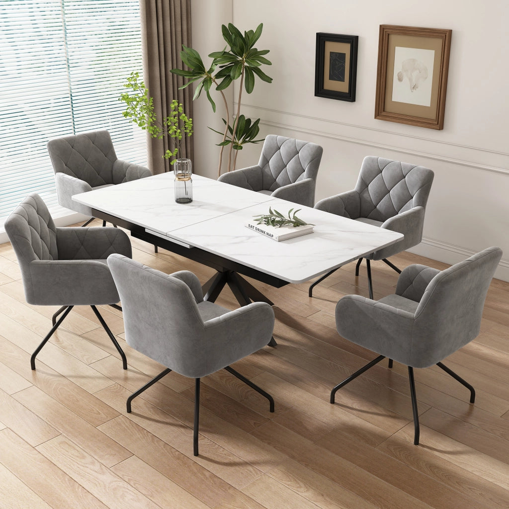 Sedia da sala da pranzo set di 2 con braccioli e schienale ergonomico, in velluto e metallo grigio chiaro