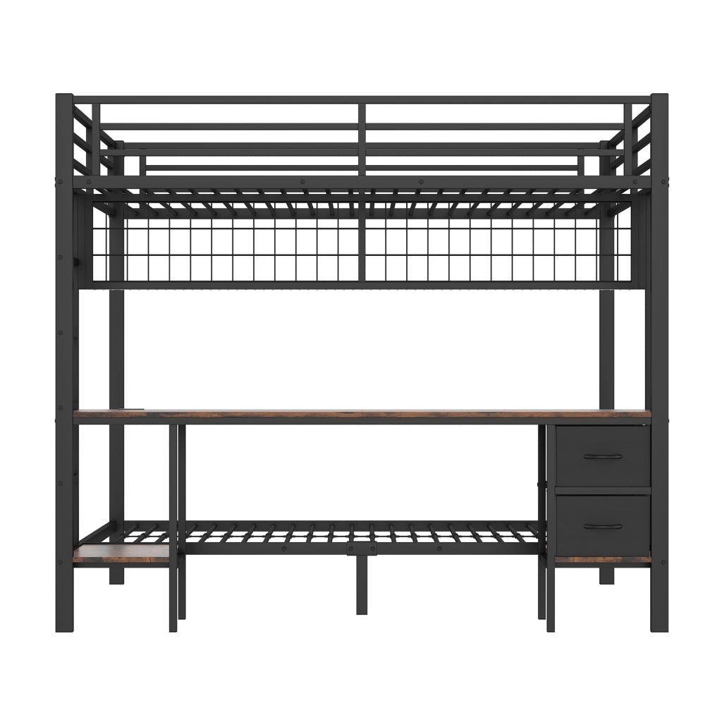 Letto a soppalco 140x200 cm con scrivania, cassetti, ripiani e LED USB, struttura in metallo nero
