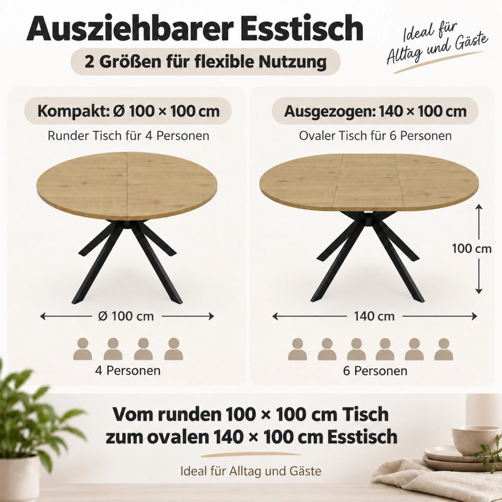 Tavolo Rotondo Allungabile 100-140x100 cm 4-6 Posti LEMONMAX; Diventa Ovale; Prolunga Integrata; MDF Effetto Legno e Gambe in Metallo