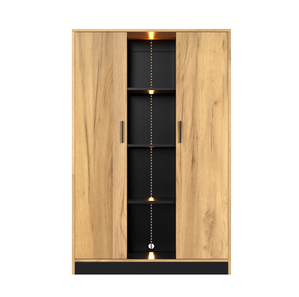 Vetrina 95x35x160 cm con LED controllabile via app; 2 ante e ripiani regolabili; rovere e nero