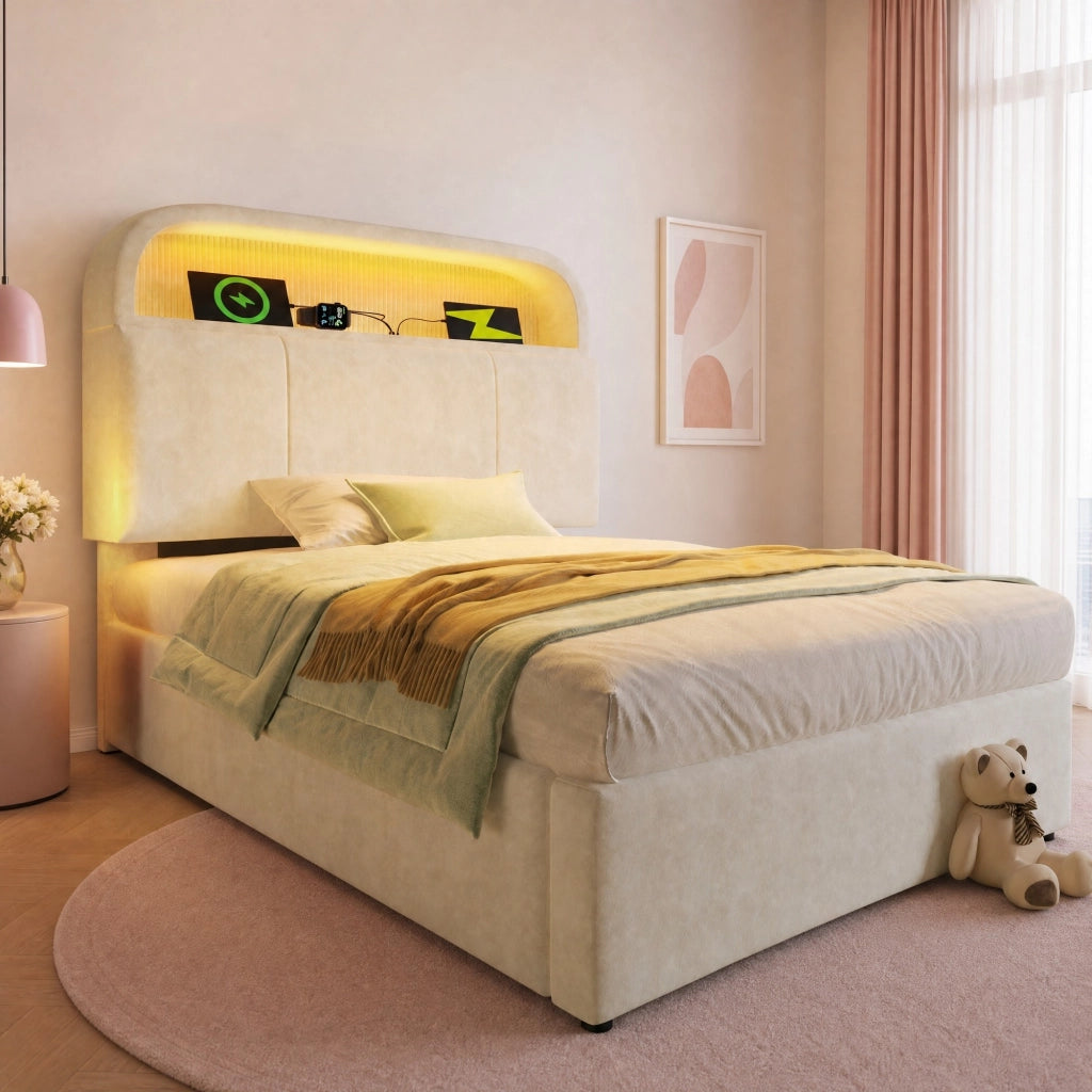 Letto singolo con contenitore 90 × 200 cm testiera regolabile LED USB e Type-C in velluto beige con rete