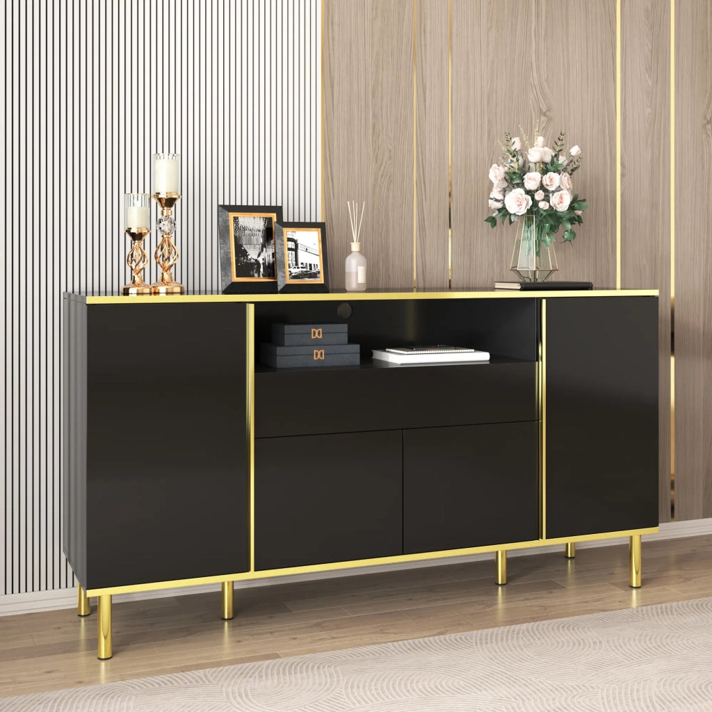 Sideboard nero lucido con 1 cassetto, 150x40x80 cm