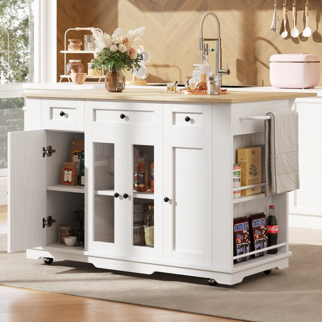 Isola Cucina con Ripiani e Vetro Temperato ¨C Xylo ¨C Bianco, Piano in Legno