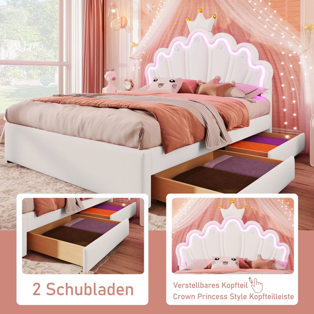 Letto per bambini 140 × 200 cm 2 posti con 2 cassetti; LED e testiera regolabile; senza materasso; in PU bianco