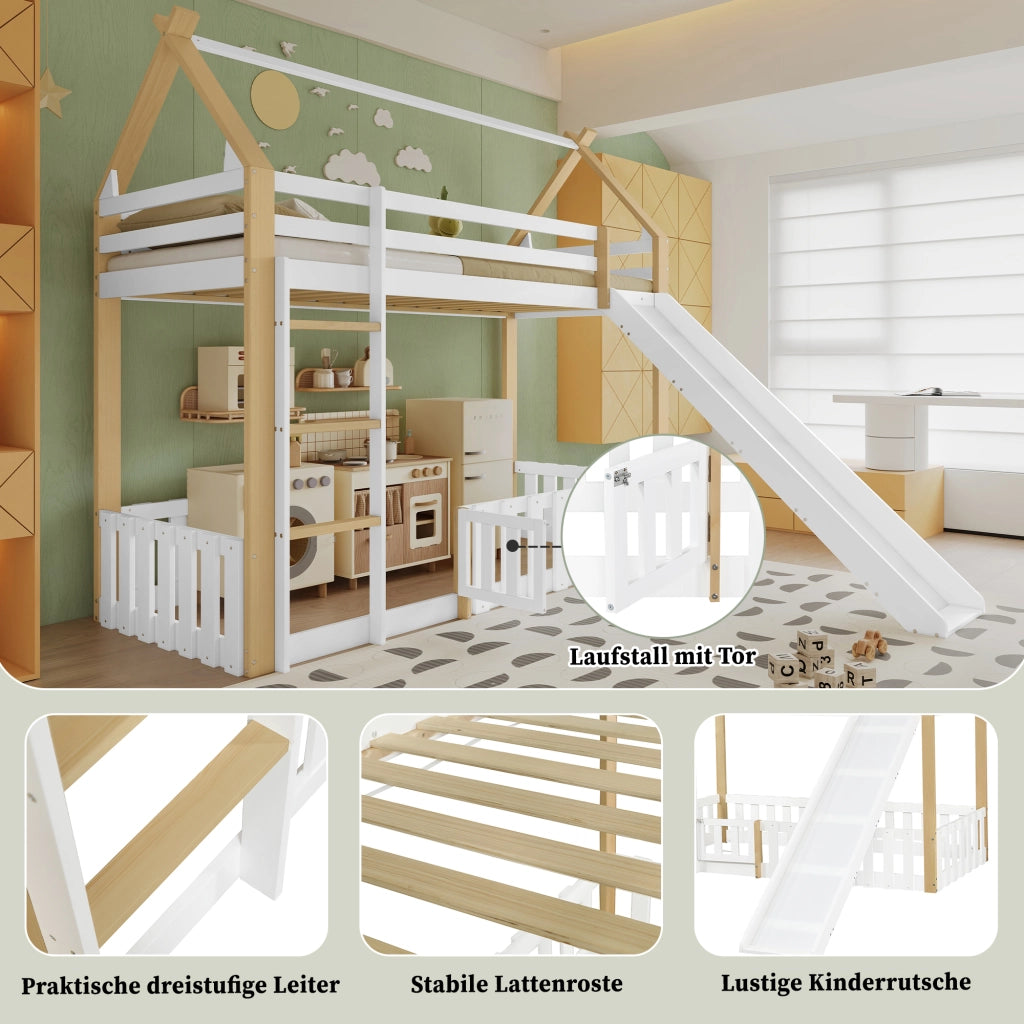 Letto a soppalco bambini con scivolo; struttura in pino e MDF; bianco e naturale; 90x200 cm