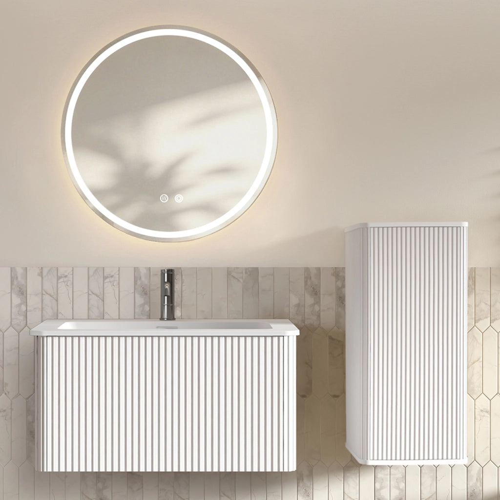 Mobile da bagno con lavabo, specchio LED e mobile laterale, per bagno, bianco