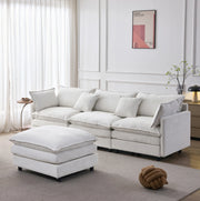 Divano angolare modulare a L 3 posti con chaise longue e pouf in tessuto chenille premium